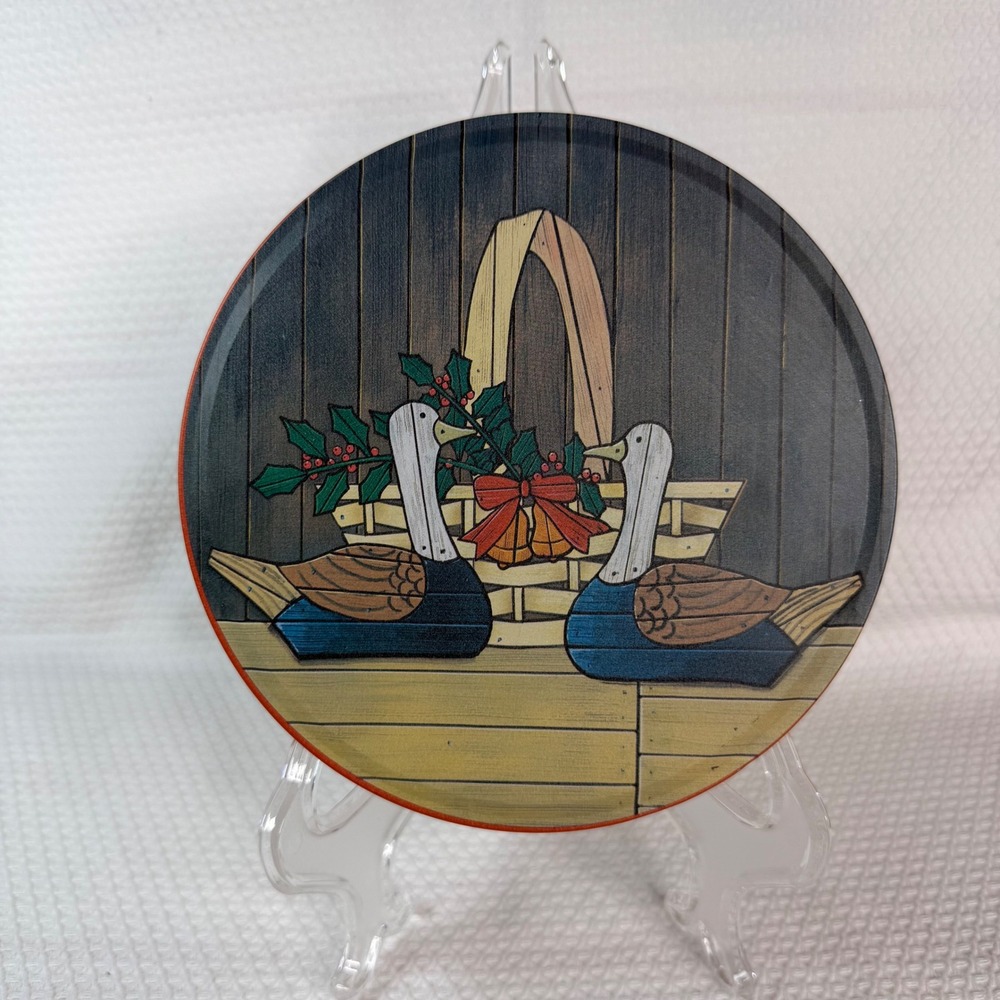 Vintage Holiday Ducks Folk Art Round Metal Decorative Tin Red 7in Cottagecore